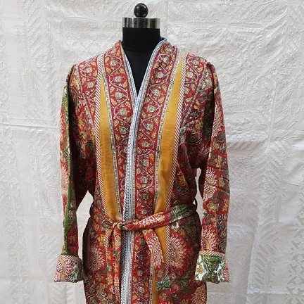 Kimono matelassé en coton imprimé bloc à la main de luxe avec fermeture à cravate avec poche imprimé fleuri Robe réversible pour dormir