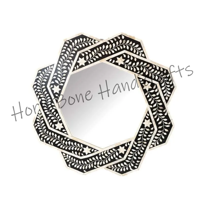 Custom Design Indian Floral Bone Inlay Mirror Frame Handmade Black and White Bone Inlay Mirror Frame for Wall Decor