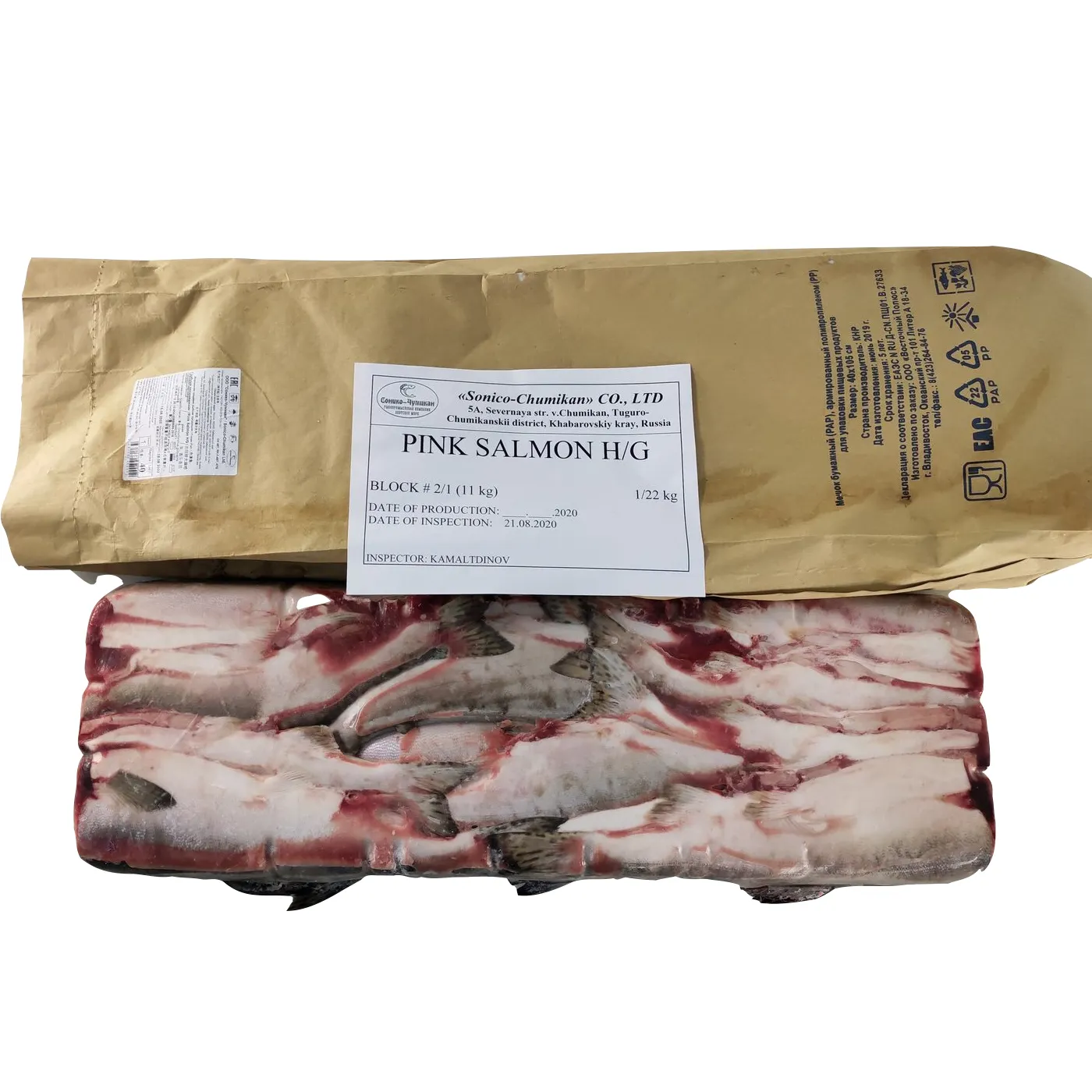 Frozen Pink Fish Food Products Seafood 1/22 kg Block Bag Packaging Oncorhynchus Gorbuscha Salmon Without Head
