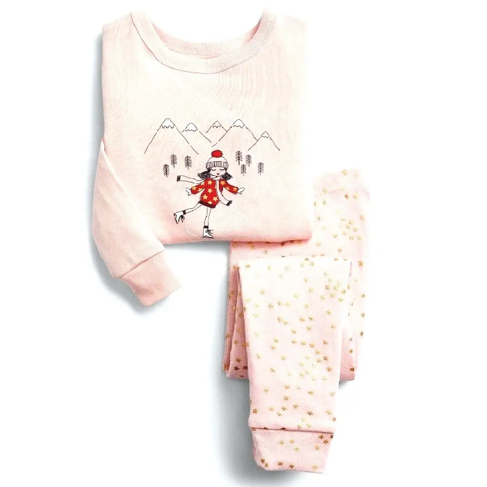 Conjunto de pijama con estampado de patinaje para niñas, ropa de dormir personalizada con estampado de dibujos animados, de manga larga, color rosa