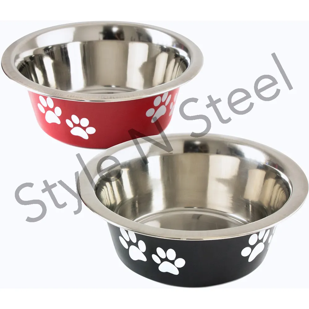 Paslanmaz çelik baskılı köpek kase yüksek kaliteli melamin köpek maması kaseleri paslanmaz çelik Pet besleme yiyecek kasesi