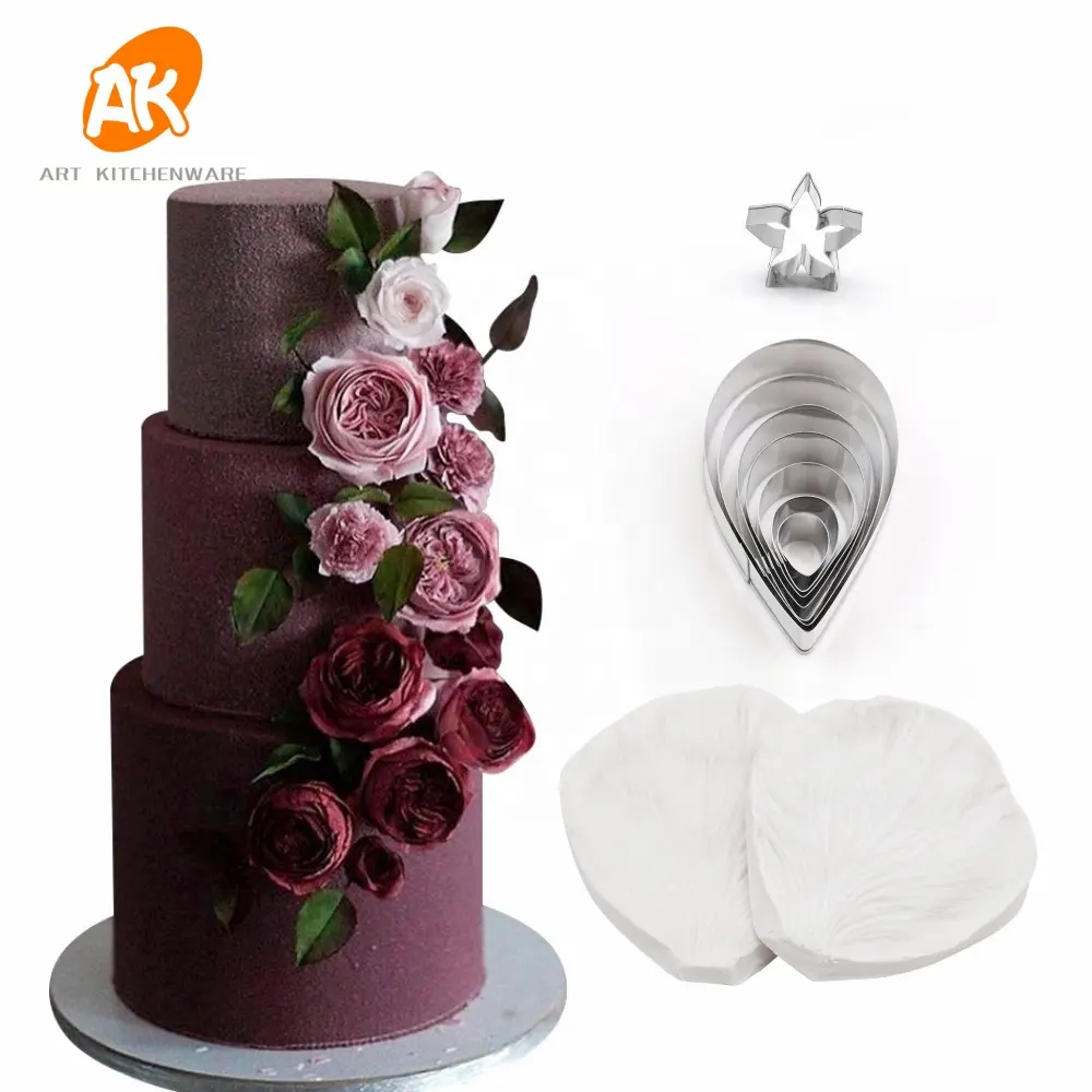 AK Rose-moldes de silicona para decoración de tartas, conjunto de cortadores de Metal para Fondant, peonías, flores y flores
