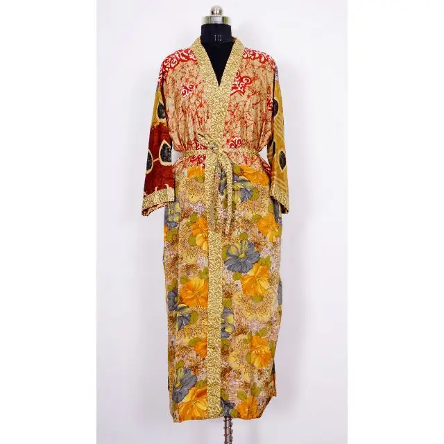 Kadın giyim hint vintage geri dönüşümlü Sari ipek Kimono nedime parti giyim uzun ipek soyunma Sari ücretsiz boyut Kimono