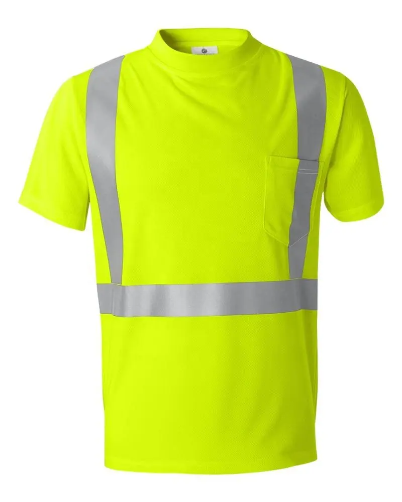Cheap price fluorescent lime company uniform polyester reflective heat stripe Polyester reflective pockets t shirt for worker