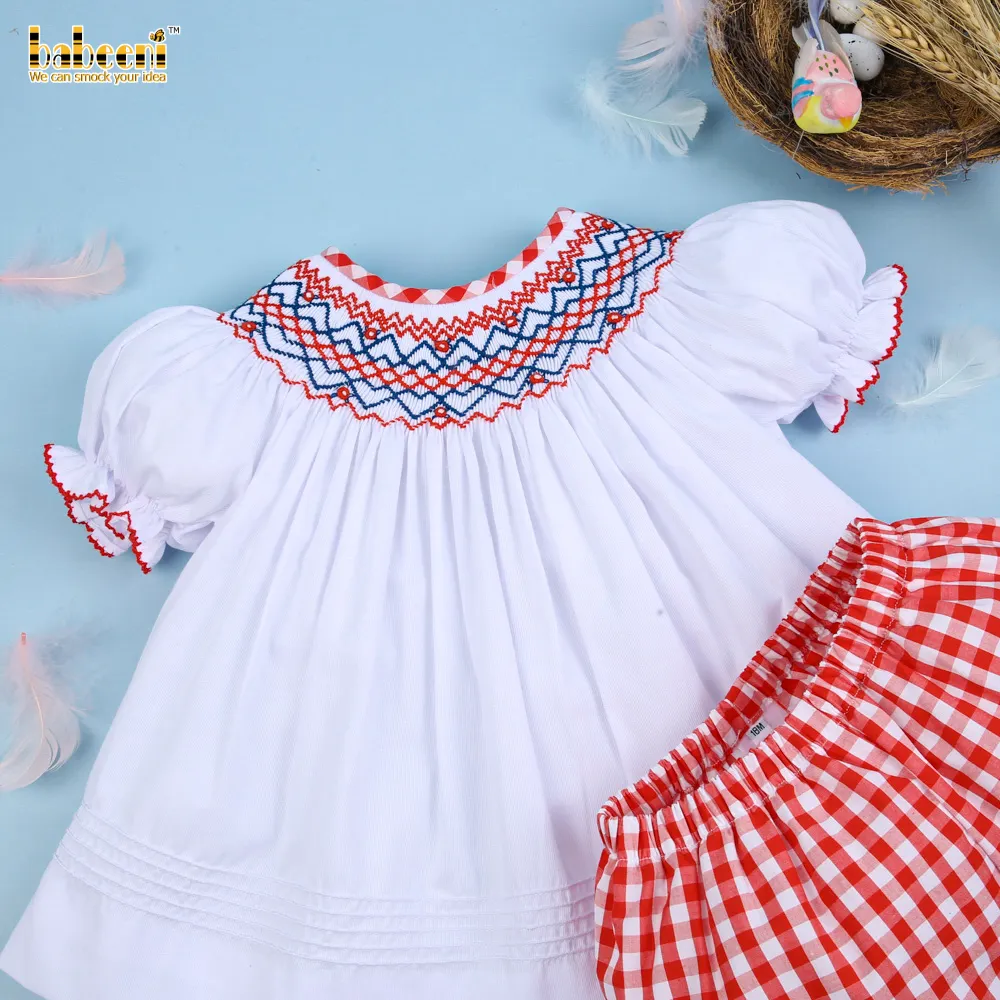 Elegante Marine geometrische Smocking Mädchen Kleidung OEM ODM Smocked Baby kleidung Großhandel Smocked Baby kleidung-BB2527