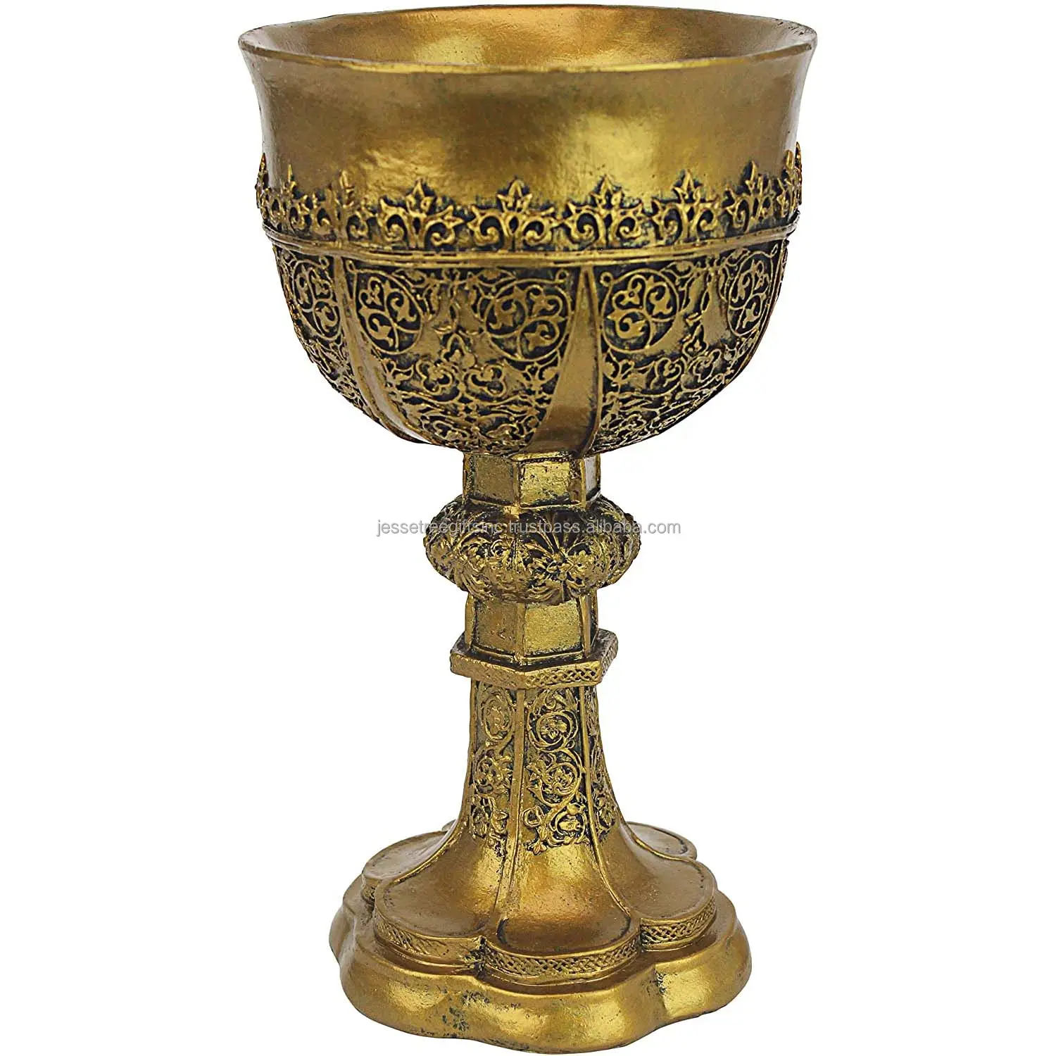 Handmade Brass Chalice With Antique Golden Powder Coating Finishing Round Shape Floral Embossed Design Good Quality For Drinking