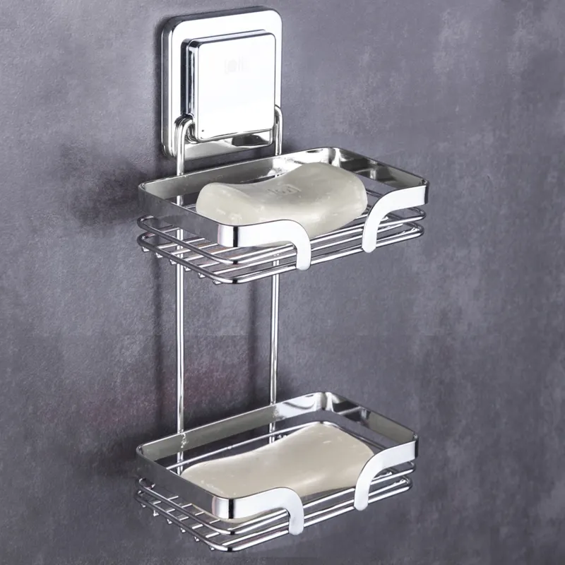 Stainless Steel Wire Wall Mounted Soap Dish With Mirror Polish Finishing Double Dish Holder Rectangular Shape For Bathroom Use