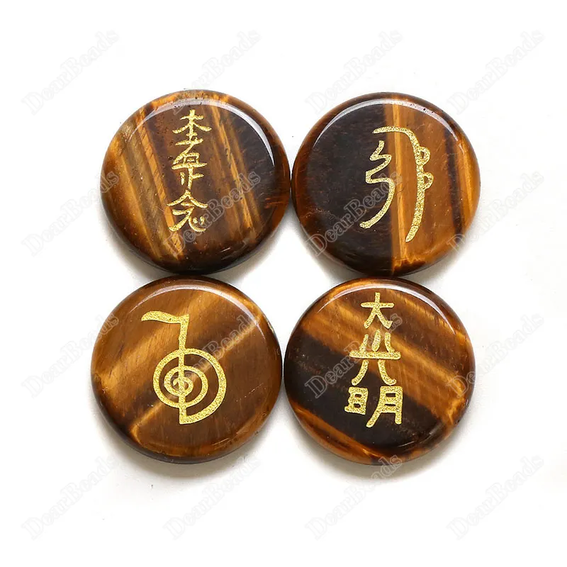 Natural Engraved Flat Round Reiki Crystal Healing Stone Set, Cho Ku Rei, Sei Hei Ki, Hon Sha Ze Sho Nen, Dai Ko Myo 25mm 5mm