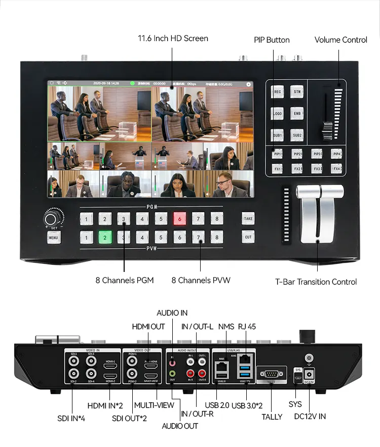 Studio Siaran Langsung Profesional, Mixer Video Audio 8CH SDI/H DMI Layar LCD Bawaan 11.6 Inci Full HD 1080P60fps