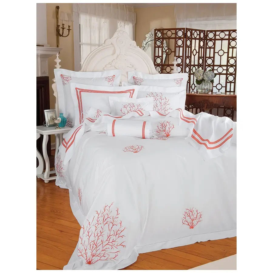 Ensembles de housse de couette brodés personnalisés en gros Ensembles de literie brodés en corail rouge Draps de lit en coton de haute qualité pour la maison et l'hôtel