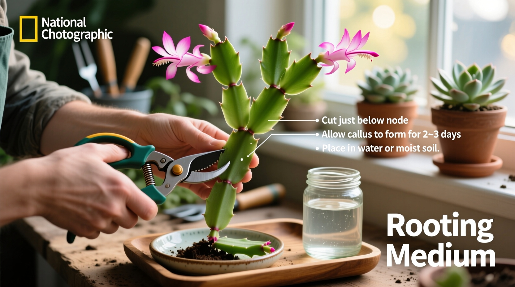 Taking a Christmas cactus cutting for propagation