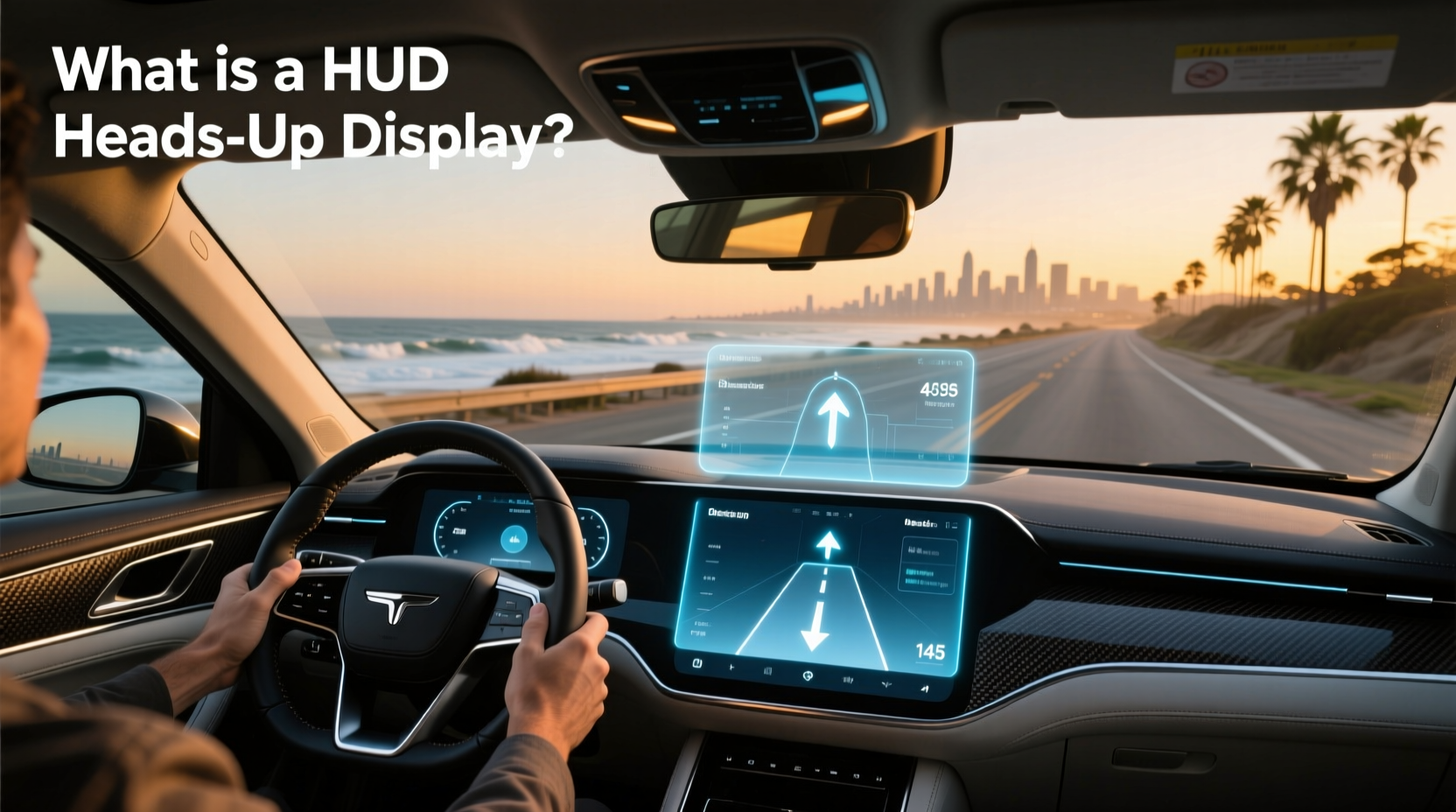 Screenshot of a car HUD guide highlighting key purchasing factors like display size, field of view, and compatibility