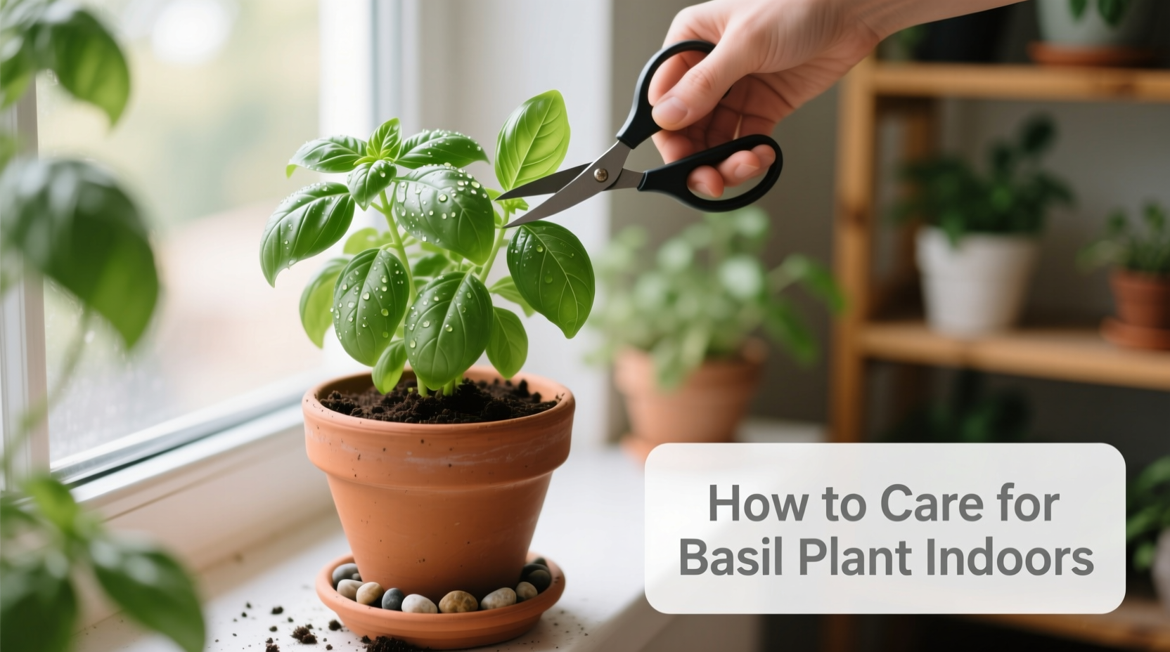 A sunny windowsill with a thriving basil plant in a decorative pot, illustrating ideal indoor lighting and potting conditions