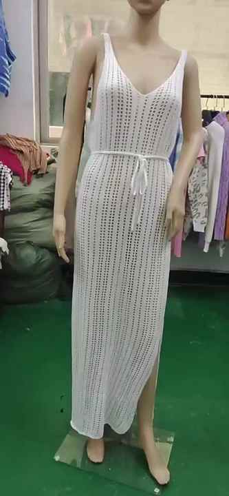 Ladies Solid Blank Brown Crochet Dress Woman Crochet Beach Knit Dress Cover  up See Through Summer Maxi Dresses