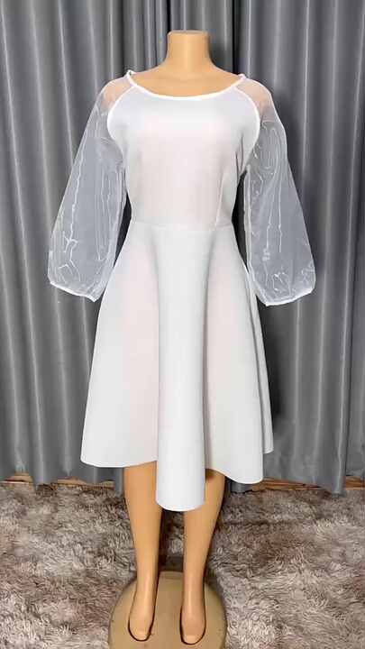 Modest Evening Party Elegant Birthday Dress Bubble Sleeves Plus Size Solid  Color Casual Summer Dress for Women T030