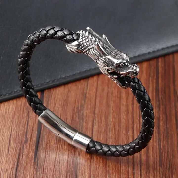 Men's Stainless Steel Dragon Head Bracelet - Black Leather & Antiqued Metal, 8.5 Inch Push Clasp - View #11
