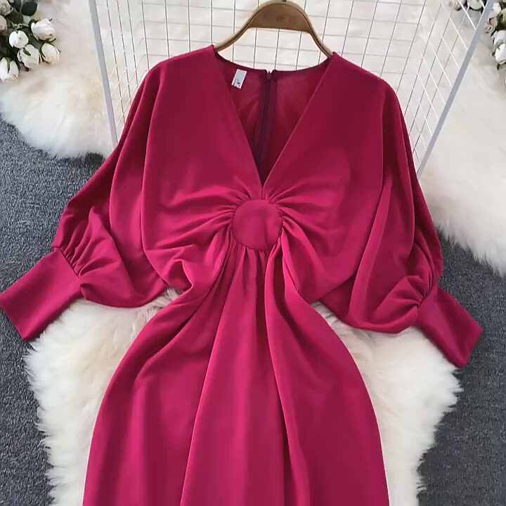Elegant Design V Neck Burgundy Color Three Quarter Sleeve Women Summer  Casual Dresses