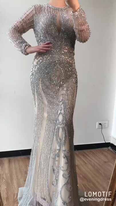 Grey O Neck Beaded Long Sleeves Evening Dresses by Serene Hill