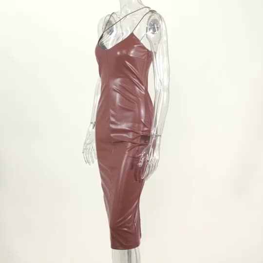 Autumn New Fashion Sexy PU Dress Women Fall Clothing Brown Midi Leather  Bodycon Dresses Women Tight Club Sexy Pencil Dress