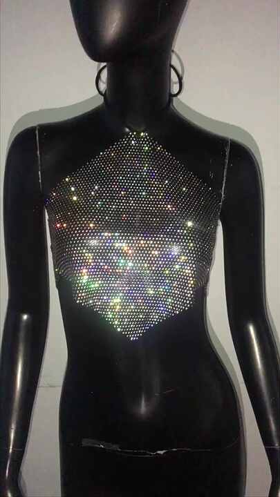 Top A Rete Trasparente Con Strass E Paillettes - Crop Top A Maniche Lunghe - Per Serate In Discoteca E Spiaggia