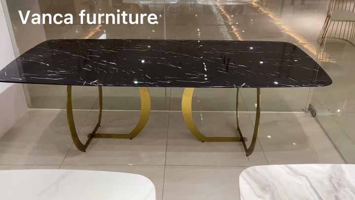 高級黒大理石レストラン家具ダイニングセットゴールドシルバー脚8人