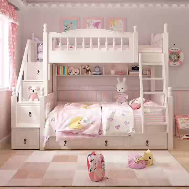 豪華プリンセス寝室家具木製セットロフトピンク子供用二段ベッド