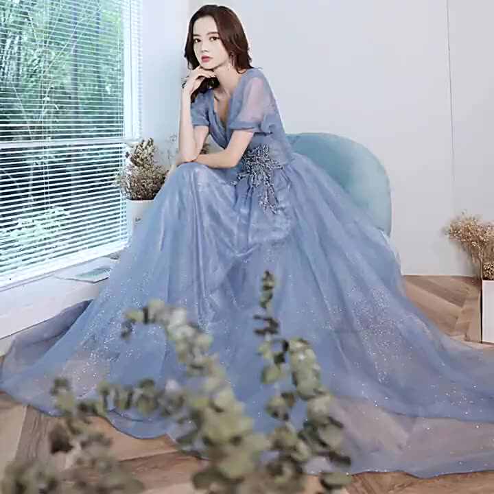 Blue Banquet Evening Dress 2022 New Summer French Long Dress Female Annual  Meeting Host Dress