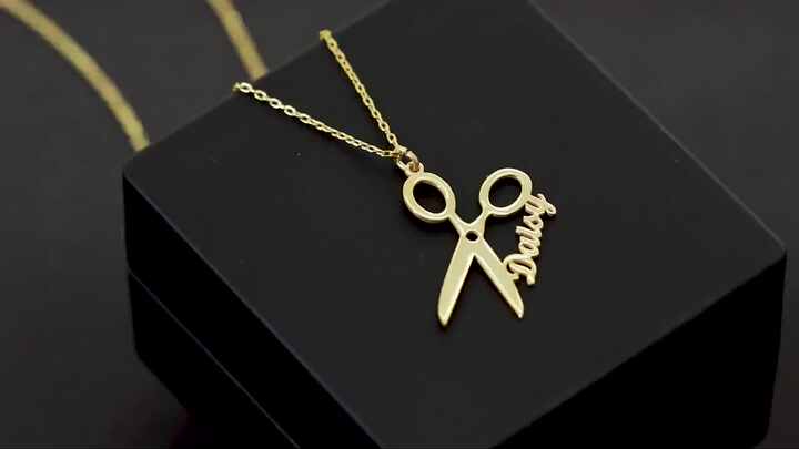 Personalized 14k Yellow Gold Hairdresser Scissor Pendant Necklace - Engravable Name Jewelry