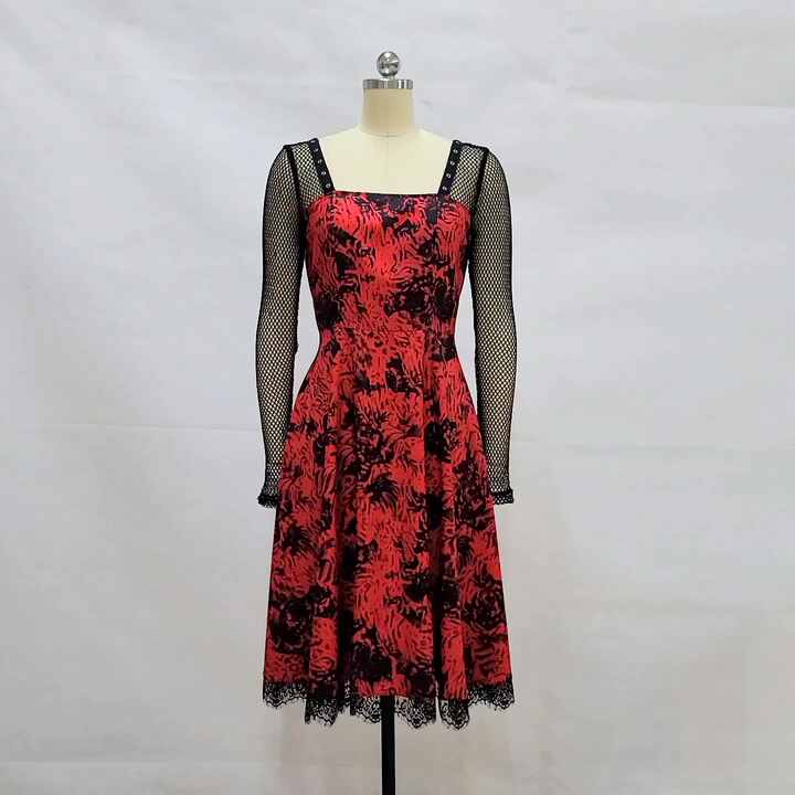 Mesh Long Sleeves Lace Retro Halloween Dress Women Ladies Black Rose  Drawing Swing Rockabilly Dresses Party Xmas Vestidos