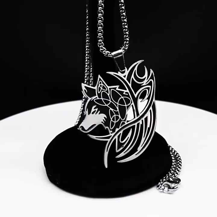 Wolf Head Pendant Necklace - Natural Black Iron Stone Beads For Men & Women, 18 Inch - View #2
