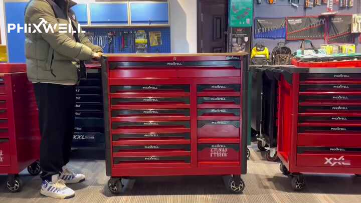 PHIXWELL 13-Drawer Metal Tool Trolley with Wooden Countertop for