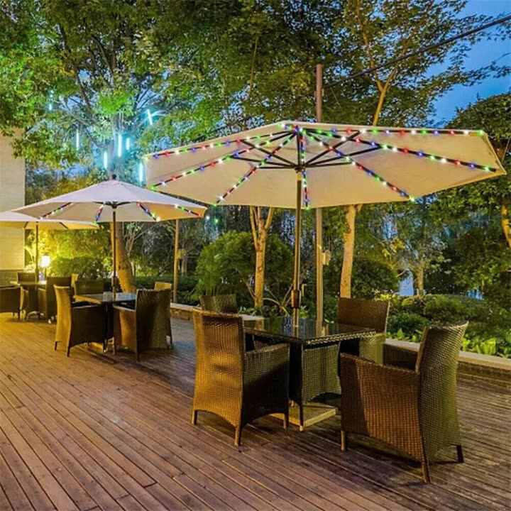 blue solar led lighted patio umbrella Blue Solar LED Patio Outdoor Umbrella with 32 LED Lights, Fade-Resistant  Canopy, Weather-UV-Wind-Water Resistant - Bed Bath & Beyond