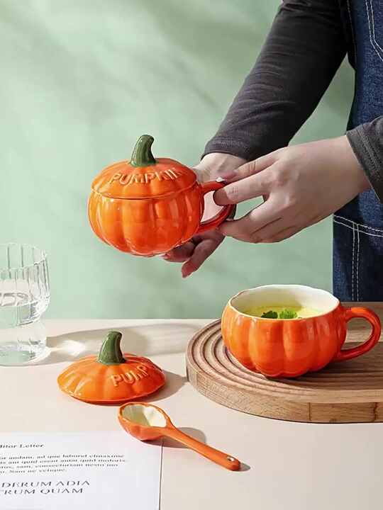 Tasses à Café Citrouille Halloween 300ml Tasse En Céramique Pour Thé Au Lait Citrouille Halloween Avec Couvercle Décoration Bol Eau Vaisselle Décoration Maison Cadeau Cyan