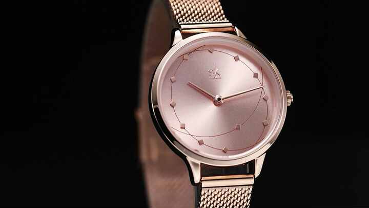 SHENGKE 0142 Rose Gold Mesh Luxury Women's Watch 2035 Movement