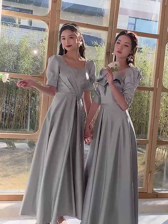 chinese dress ladies Zapaka Women Grey Green Bridesmaid Dress with Slit Sheath Floral Print Long Square Neck Sleeveless Wedding Party Dress, Grey Green / US12 main image 1