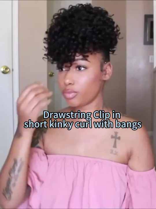 Short Natural Afro Kinky Puff with Bangs Drawstring Ponytail High