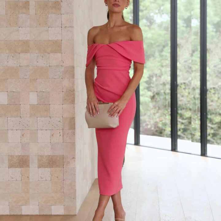 Birthday Clothes Elegant DopamineBright Silicon Grip Bodycon Gathered Off  Shoulder Spilt Lower Back Midi Dress