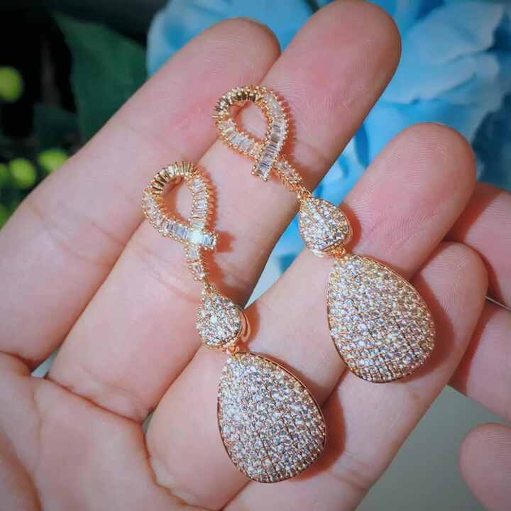 Good Quality Wedding Evening Dress Gold Plate Jewelry Micro Pave Cubic  Zirconia Stones Long Drop Golden Earrings for Women