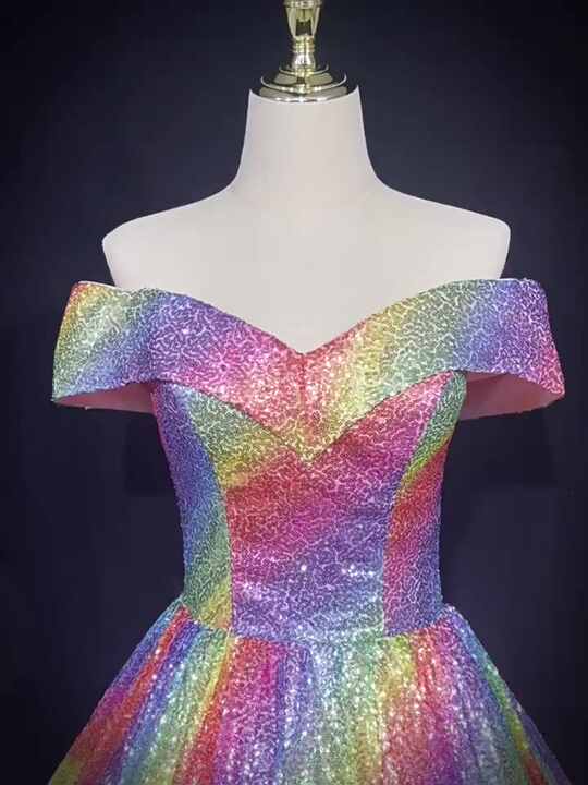 Wholesale Colorful Rainbow Prom Dresses olo Performance Bridal Evening Dress Pleat Puffy Ball Gown Evening Dress,2 Pieces