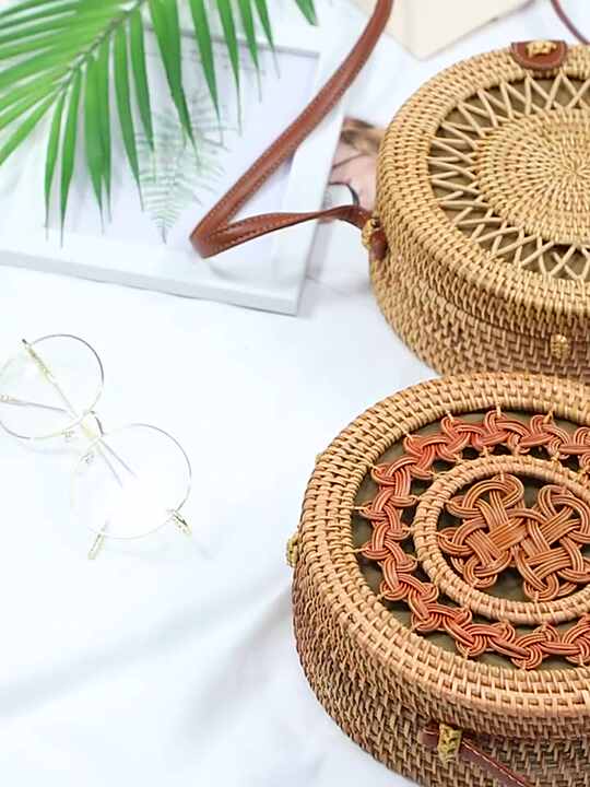 2024 Handmade Round Rattan Woven Straw Beach Bag Summer Fashion