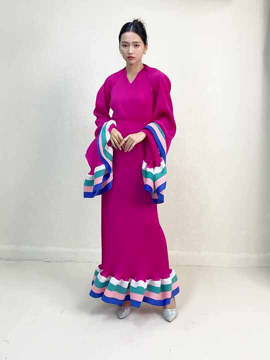 designer dresses miyake Miyake High-end Designer Women's Two-piece Party Evening Maxi Dress Elegant  Striped Pattern Elastic Pleated Ruched A-Line
