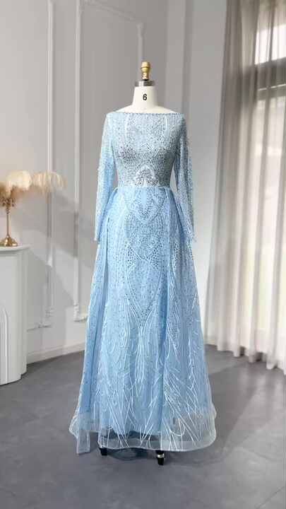 Muslim Pink Mermaid Lace Beaded  Luxury Evening Dresses  With Overskirt Gowns 2025  Crystal For Women Party LA71164