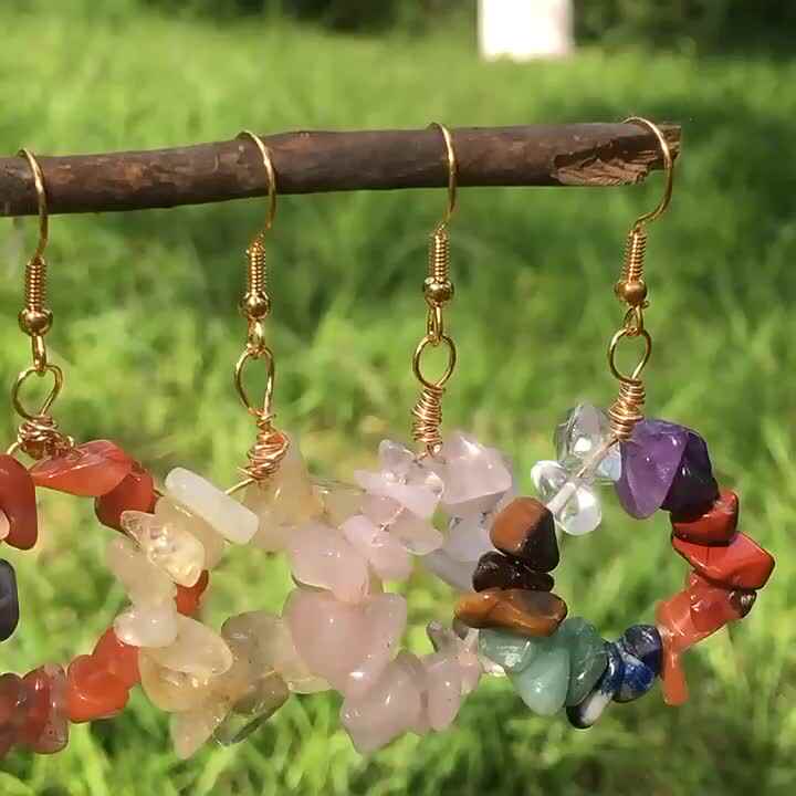Natural Stones Chips Round Pendant Drop Earrings for Women