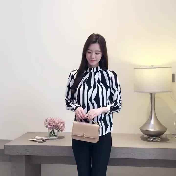 Moda mujer Blusa de gasa a rayas camisas de manga larga para mujer - Main Image