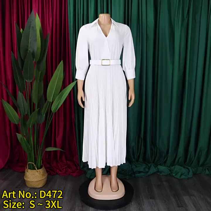 D472 Trendy Spring Dresses Women Lady Elegant Long Sleeve V-neck Pleated  Office Dress Elegant Casual Dresses With Belt