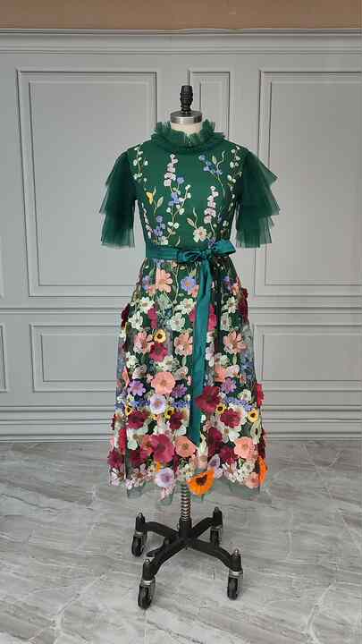 14660#Elegant Emerald-green 3D Flowers Appliques A-line Short Evening Dress  High Mesh High Neck Short Sleeve Lace Party Dress