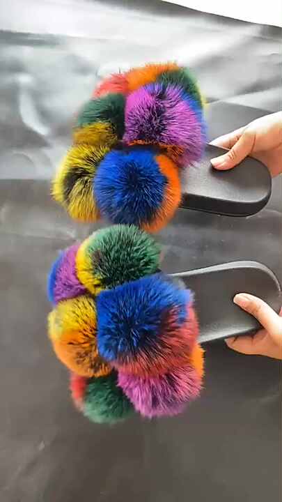 Pom Pom Furry Slides For Women Buy Pink Fox Fur Slides: Fluffy