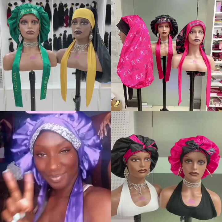 Best Selling Satin Silk Tie Bonnet with Long Band Hair Accessories Braid  Bonnets and Satin Hair Wraps Bonnets with logo