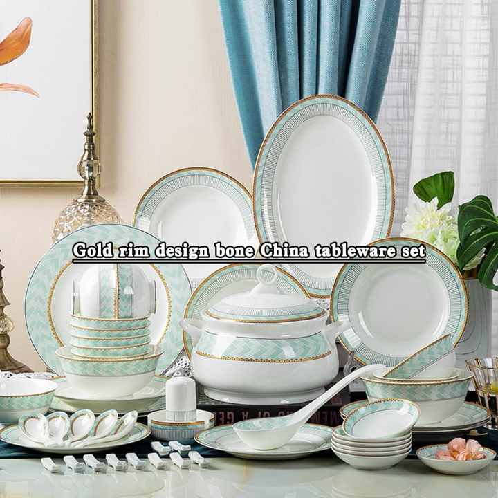 50 PCS Gold Rim Bone China Porcelain Dinner Plate Set Dinnerware Sets  Wholesale Luxury Ceramic Tableware Set Wedding