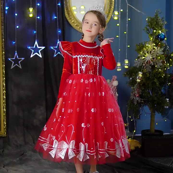 New Winter Red Thickened Velvet Kids Girls Dresses Christmas